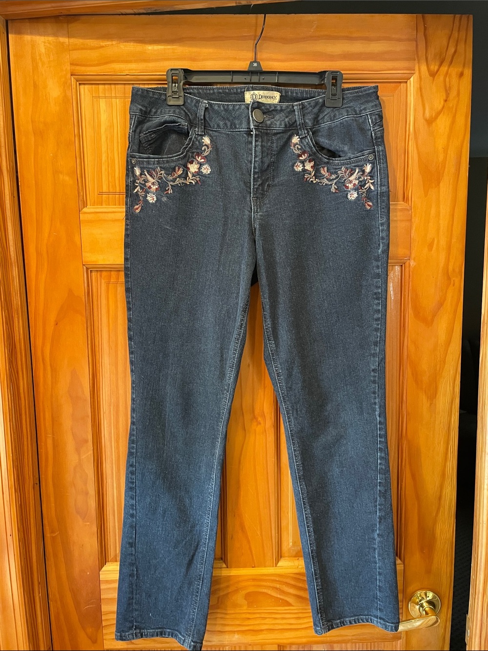Democracy Dark Blue Straight Leg Jeans with Floral Embroidery